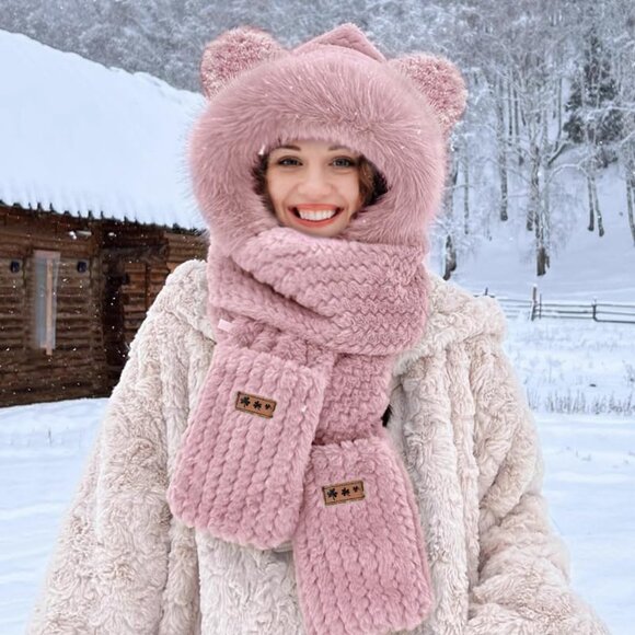 Women's Pink Winter Cute Bear Ear Hat Scarf 3 In 1 Faux Fur Gloves Set - Picture 6 of 9